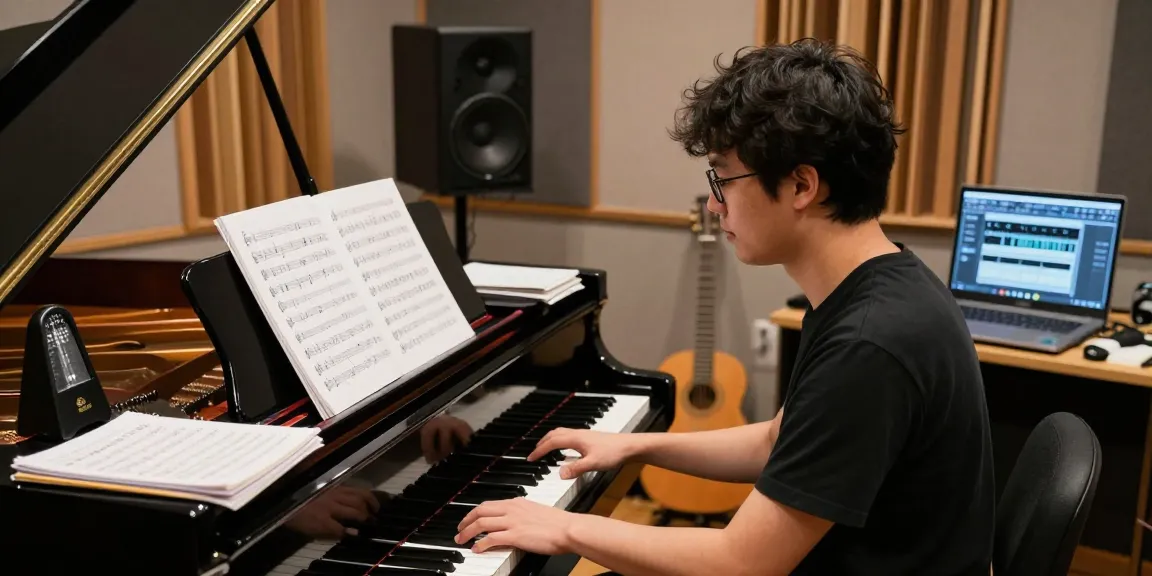 Musician studying music sheets at a grand piano while focusing on how to see post on sheet music