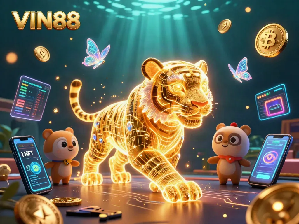 Experience the thrill of VIN88 with vibrant digital neon elements in this casino-themed illustration.
