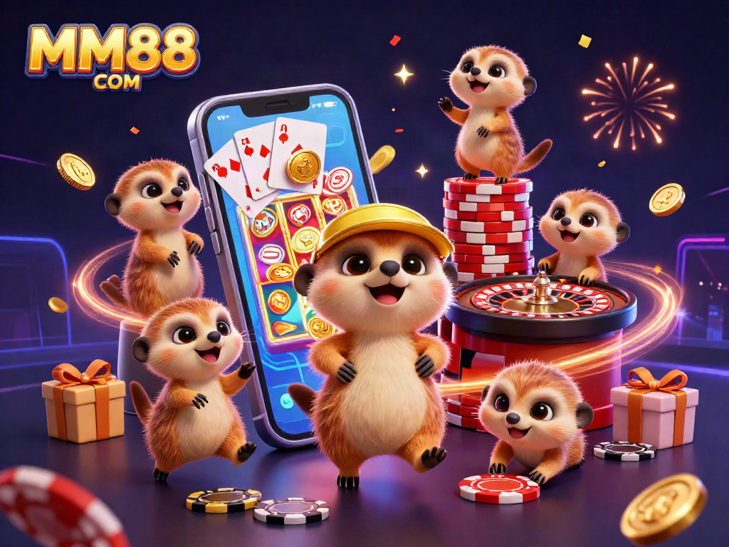 Experience the thrill at MM88 COM with meerkats managing a dynamic casino scene featuring colorful games and festive elements.