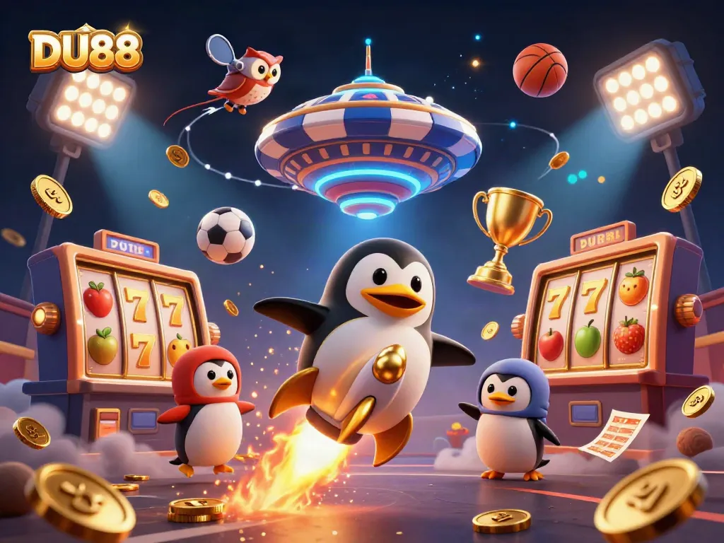 Experience the thrilling universe of DU88 as our golden penguin navigates a casino adventure.
