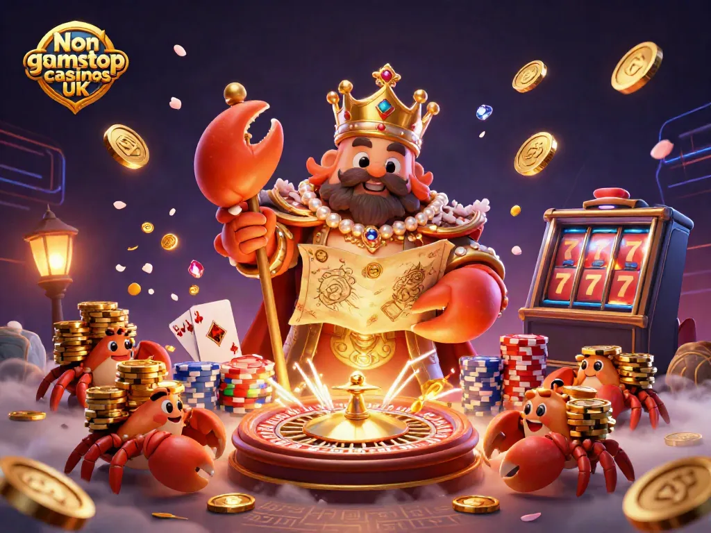 Experience the magic of Non gamstop casinos UK with a vibrant scene of a golden crab emperor and treasures.