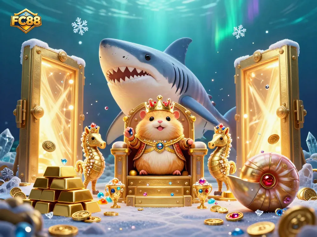 Experience thrilling wins with FC88 in a vibrant underwater casino scene featuring treasures and playful characters.