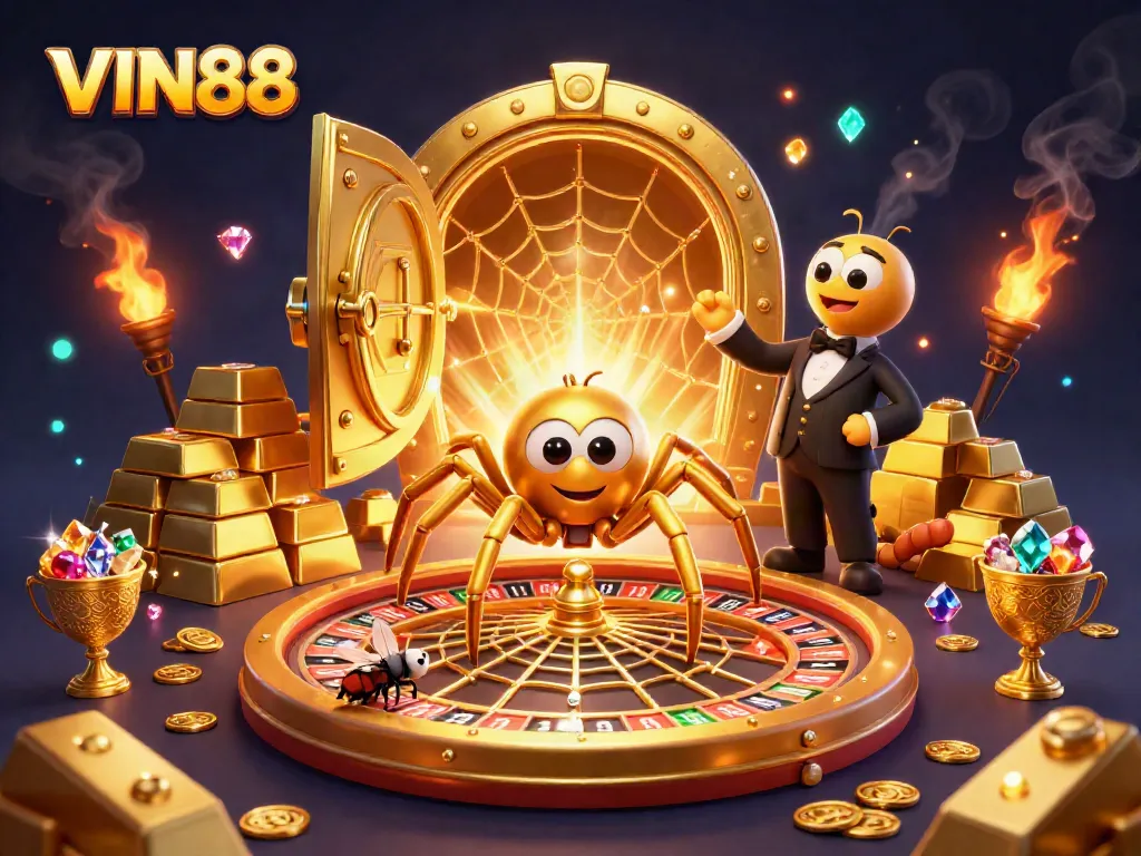 Bet with VIN88 at a vibrant casino scene featuring a spider and croupier, surrounded by gold and gems.