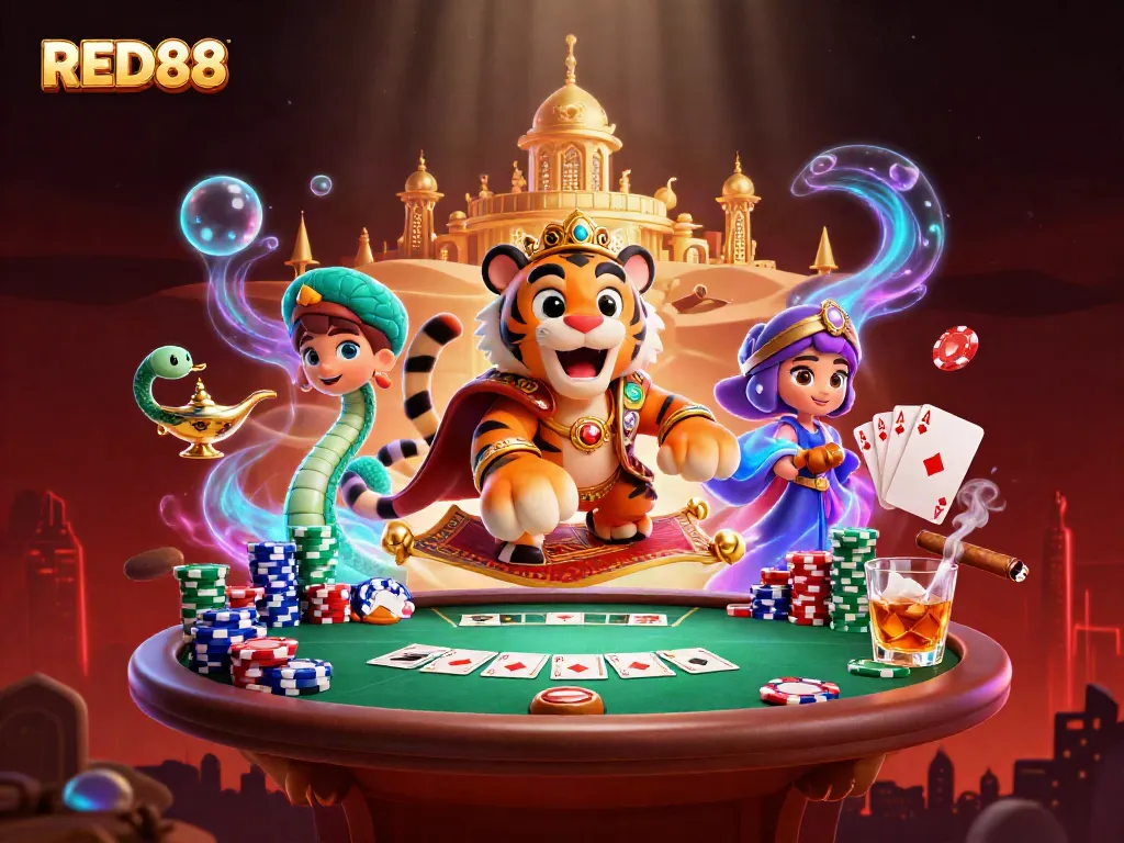 Join the excitement at RED88 with a vibrant 3D casino scene filled with poker chips and lively game elements.