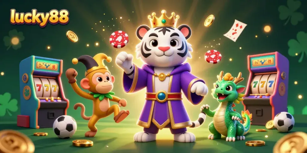 Experience the excitement of lucky88 as a majestic white tiger joins a monkey juggler amidst vibrant casino elements.