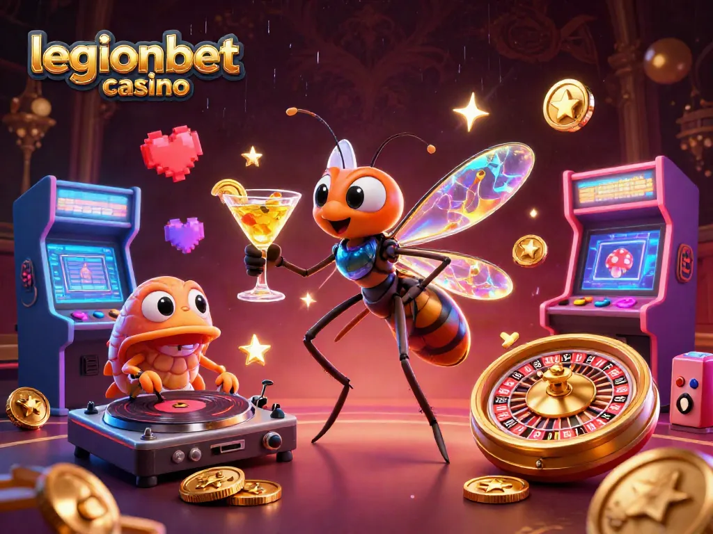 Engage with the lively scene of legionbet casino, where a frozen mosquito mascot meets a trilobite DJ amidst color-rich game elements.