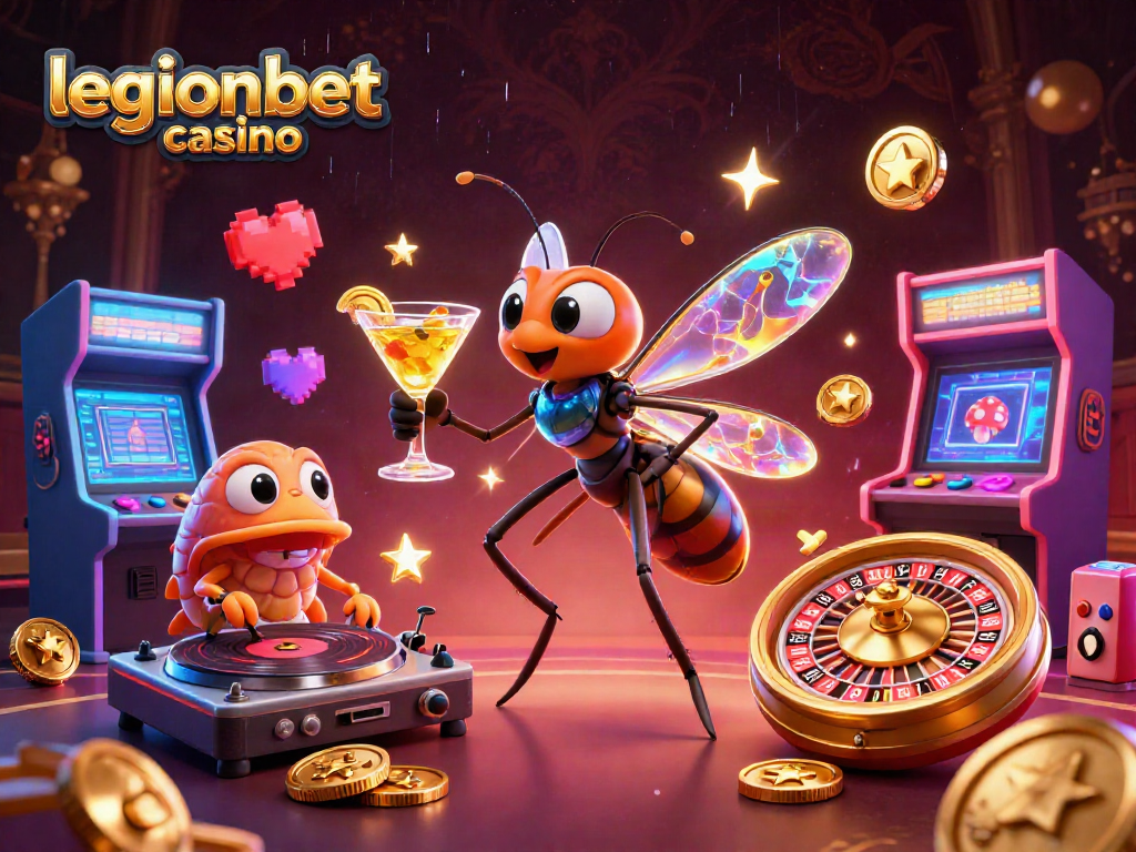 Engage with the lively scene of legionbet casino, where a frozen mosquito mascot meets a trilobite DJ amidst color-rich game elements.