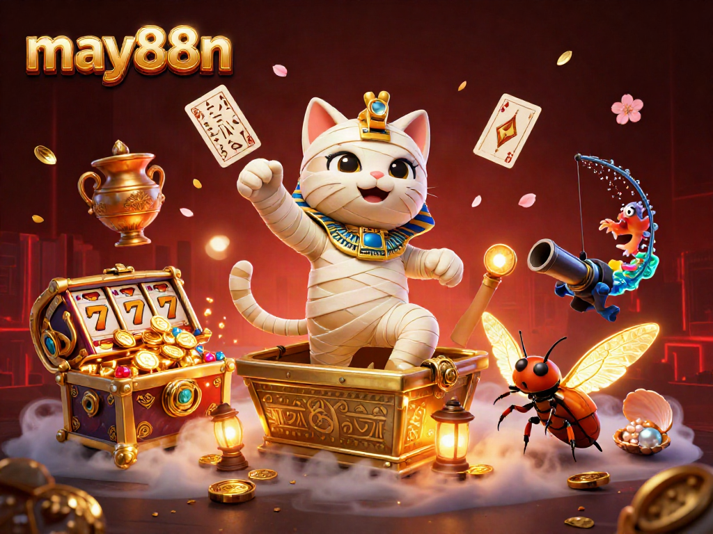 Experience thrilling gameplay at may88n with a dynamic 3D scene featuring an Egyptian mummy cat, vibrant treasures, and glowing gaming elements.