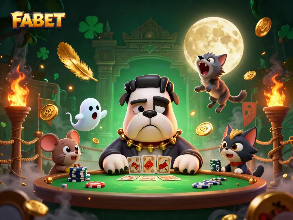 FABET gaming scene with a Frankenstein bulldog dealer encapsulating the thrill of high-stakes fun.