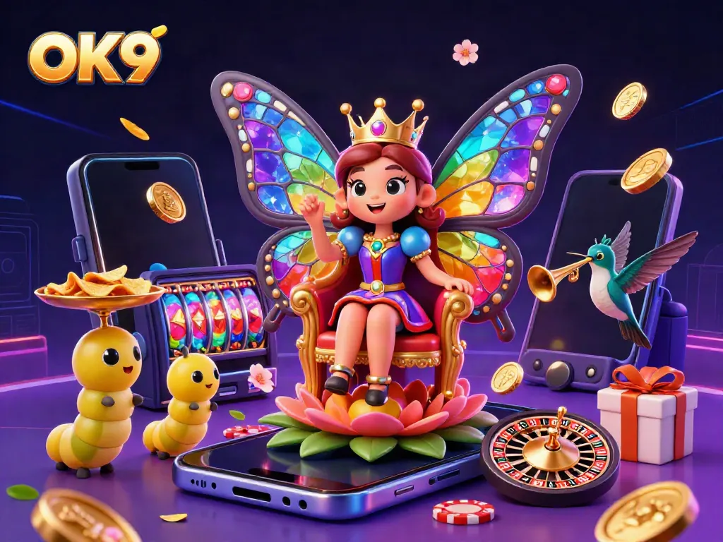 Experience vibrant gaming excitement with OK9's captivating butterfly queen in a rich casino scene.