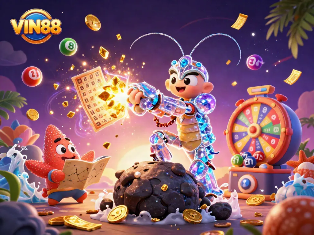 Win big with VIN88, featuring a vibrant 3D casino scene filled with prizes and games.