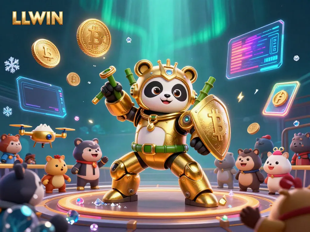 LLWIN showcases an exciting 3D scene with a golden panda fighting robot amidst vibrant casino elements and cheering spectators.