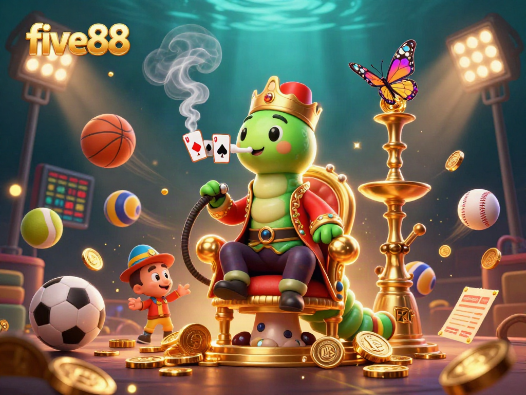 Experience the thrill of gaming at five88 with a vibrant and dynamic casino-themed illustration.