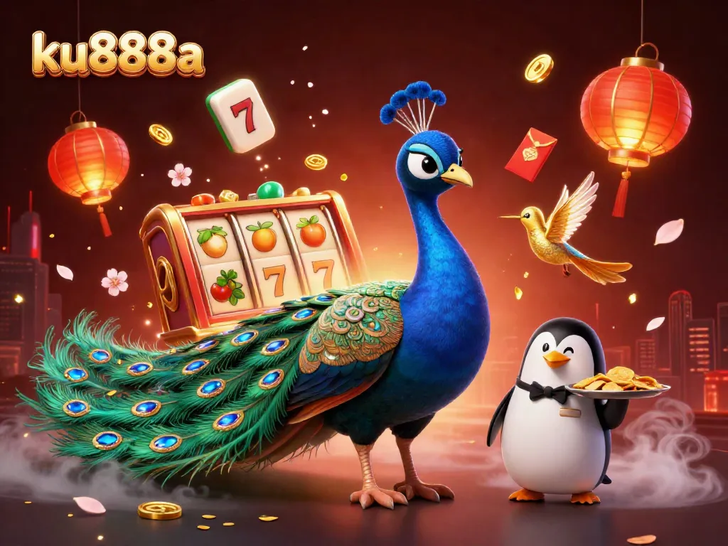 Engage in thrilling gameplay at ku888a with vibrant golden chips, sparkling slot reels, and a captivating atmosphere.