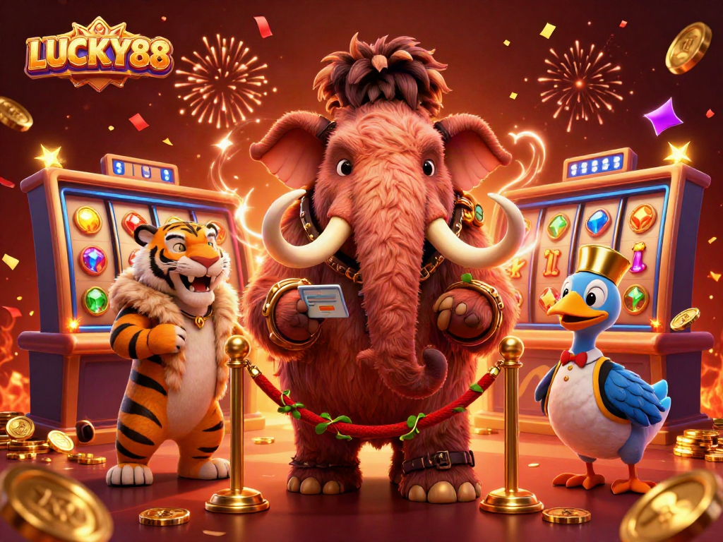 LUCKY88 online casino bursting with vibrant energy featuring a woolly mammoth bouncer and slot machine elements.