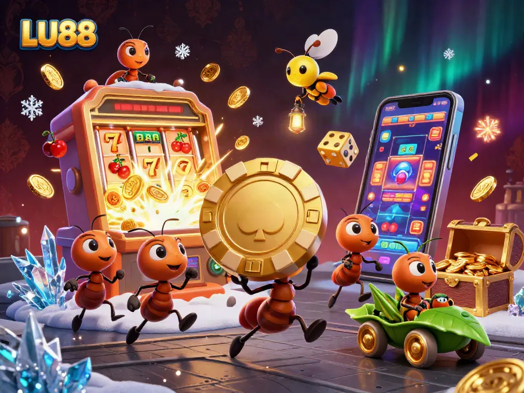 LU88 offers an exciting high-stakes experience with animated ants carrying a golden chip and vibrant casino elements.