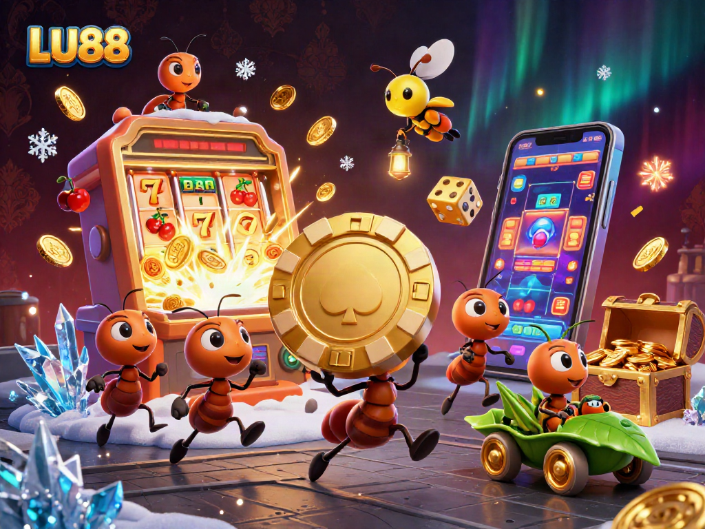 LU88 offers an exciting high-stakes experience with animated ants carrying a golden chip and vibrant casino elements.