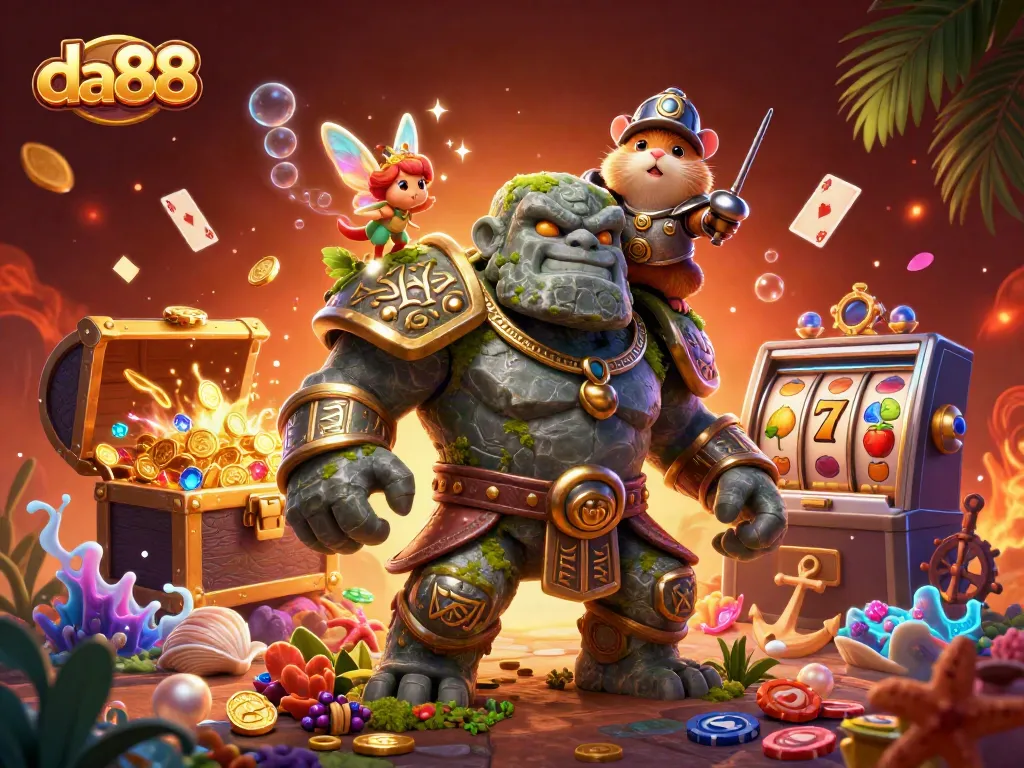 Experience thrilling wins with da88 as a golem guardian, fairy, and hamster knight in a vibrant casino scene.