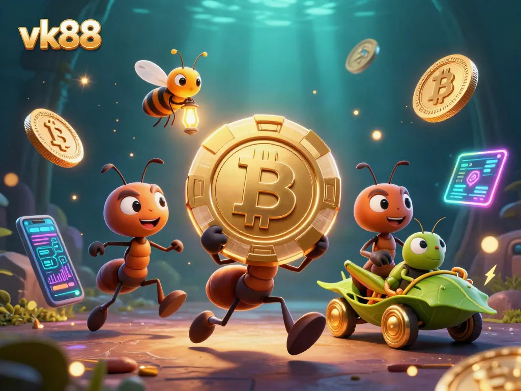 Experience the excitement of vk88 with ants carrying a massive poker chip and crypto coins.