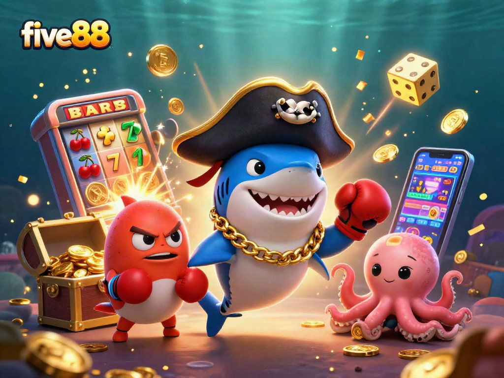 Experience excitement with five88 in this vibrant casino-themed underwater scene.