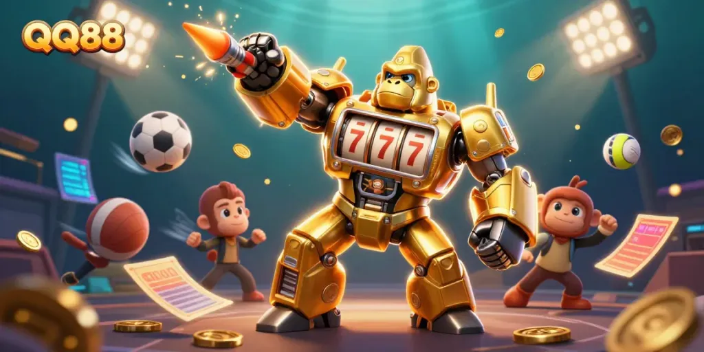 Experience exhilarating gaming with QQ88's dynamic 3D illustration showcasing thrilling sports betting and casino excitement.