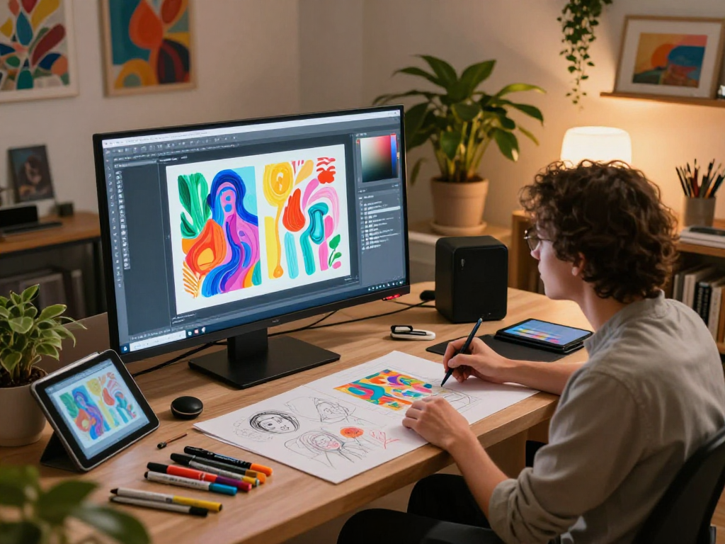 Artist creating ai nsfw digital art in a vibrant studio filled with creativity and technology