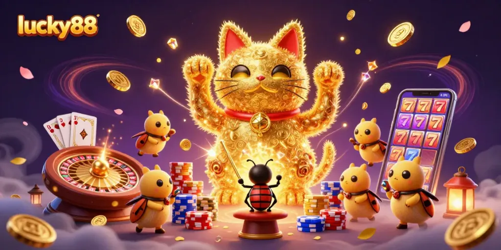 Experience the luck at lucky88 with golden fireflies and casino symbols in action!