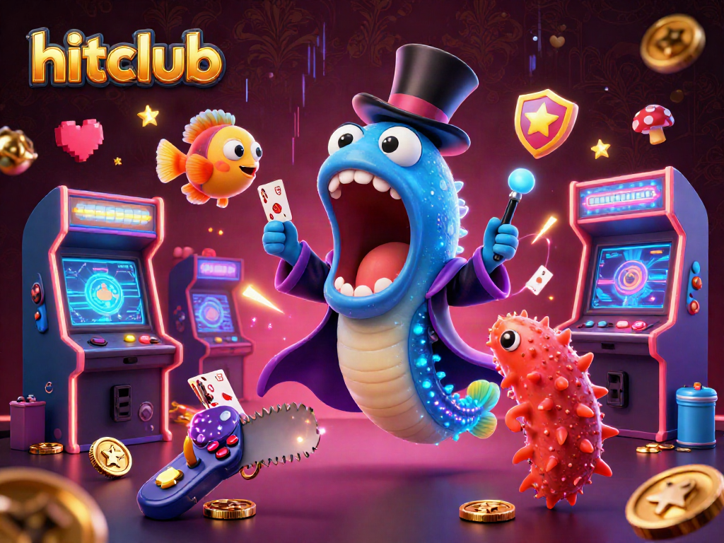 Experience the excitement of hitclub in this vibrant 3D illustration featuring casino-themed characters and elements.
