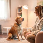 Psychologist with a dog Sydney offering a comforting session to a client in a therapy office.