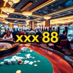 Excited players engaging in thrilling games at xxx88 casino, showcasing cards and roulette.