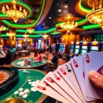 Liên minh KJC players celebrating a win at an elegant casino, showcasing vibrant gaming tables.