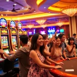 Excited players winning at a luxurious Slot machine in a vibrant casino environment.