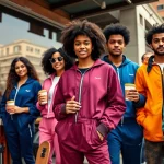 Essentials Tracksuit showcased in a vibrant urban setting with diverse models.