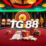 Tg88 casino featuring a lavish poker table and sparkling slot machines in an elegant setting.