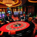 RR88 casino scene featuring a vibrant roulette table, colorful chips, and luxurious slot machines.