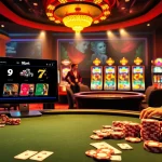 Engaging scene of online gambling at 9bet featuring a sleek casino table and vibrant slot machines.