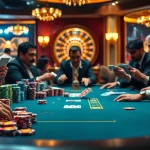 Players enjoying a high-stakes poker game at a luxurious casino, showcasing TPJ branding.