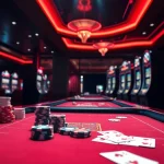 Experience excitement at U888's extravagant casino tables with vibrant poker chips and slot machines.