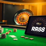 Engaging RR88 casino scene with poker chips, cards, and a spinning roulette wheel, showcasing online gambling excitement.