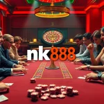 Experience the thrill of nk88 as players strategize around a lively poker table in a vibrant casino scene.