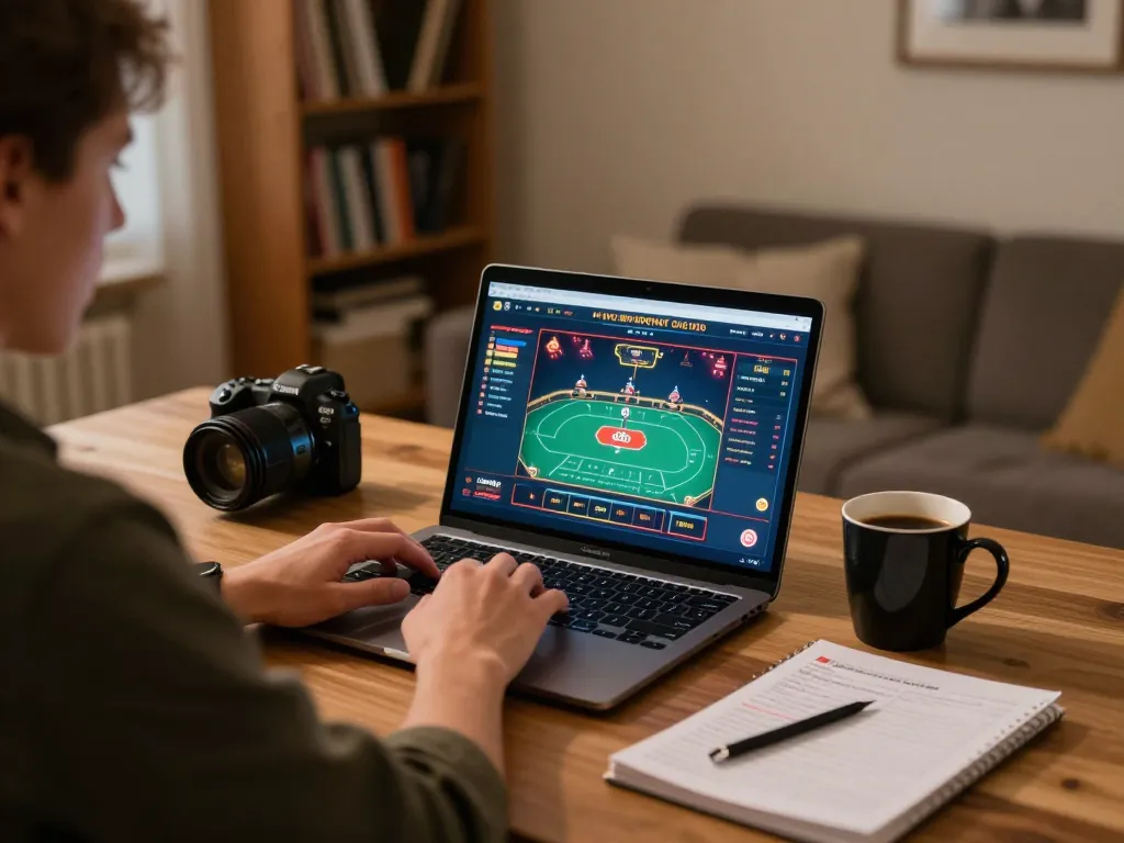 Playing poker on dr88 platform at home with laptop, notes, and warm atmosphere