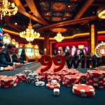 A thrilling casino scene showcasing players at the poker table while winning with 99win chips.