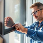 Flyscreenmaxx installation service showcasing a technician fitting a stylish screen in a modern home.