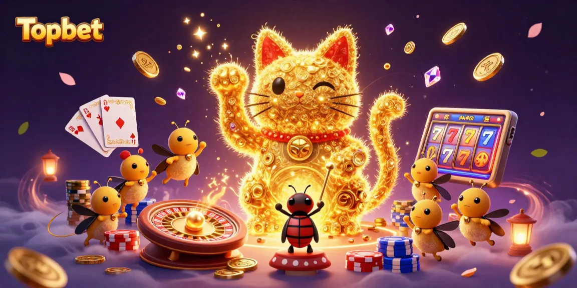 Experience Topbet's vibrant casino world with a lucky cat and dynamic gaming symbols.