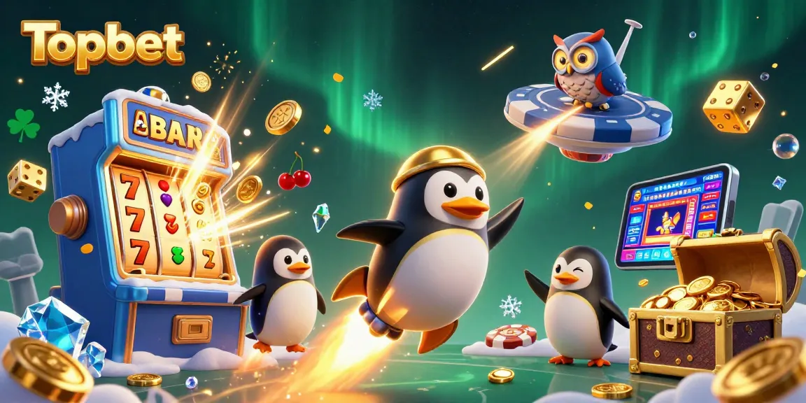 Experience Topbet's thrilling casino adventure with 3D visuals of a golden penguin and jackpot excitement!
