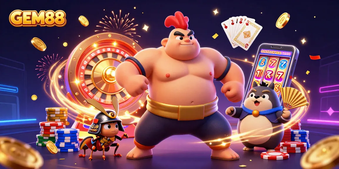 Engage in thrilling GEM88 gameplay with vibrant characters amidst casino excitement.