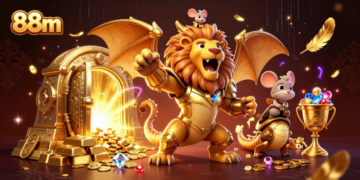 Experience the excitement of 88m with golden treasures and cartoon chimera in a dynamic casino scene.