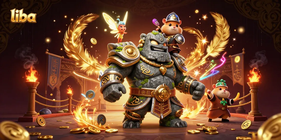 Engage in thrilling gambling action with liba featuring a dynamic golem guardian and magical companions.