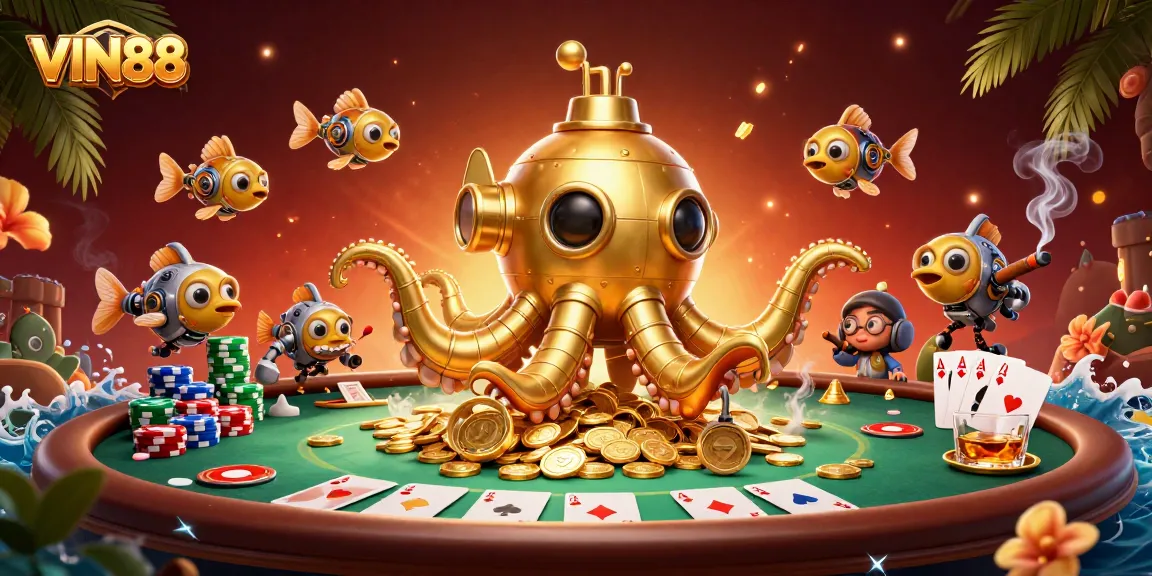 Experience thrilling gameplay at VIN88 with a vibrant 3D casino scene featuring poker elements.