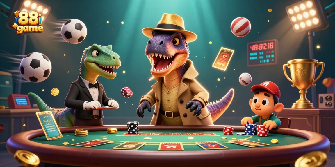 Play the exciting 88i game with a casino scene involving a velociraptor and various sports elements.